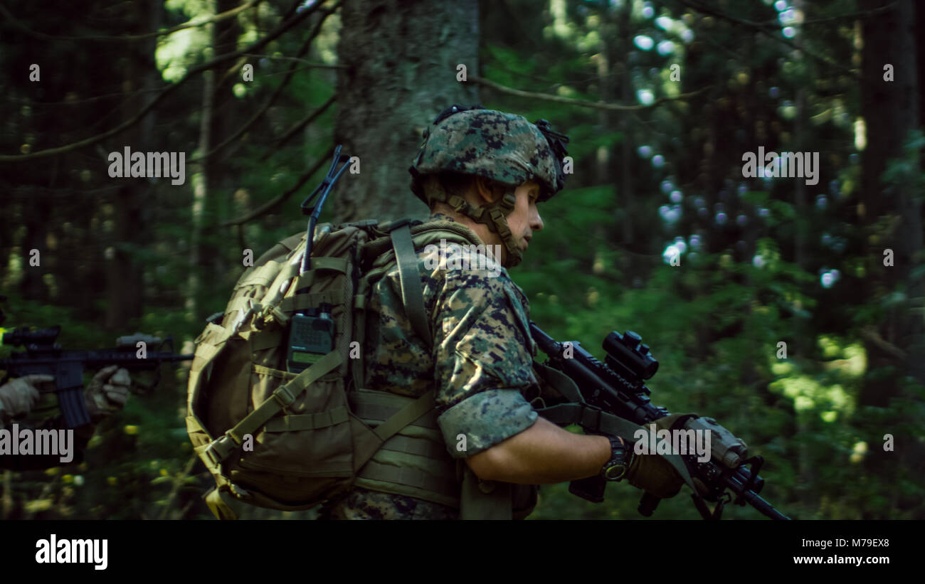 Voll ausgestattete Soldaten tragen Camouflage Einheitliche angreifenden Feind, Gewehre in Anschlag. Militärische Operation in Aktion, Squad Laufen im Wald. Stockfoto