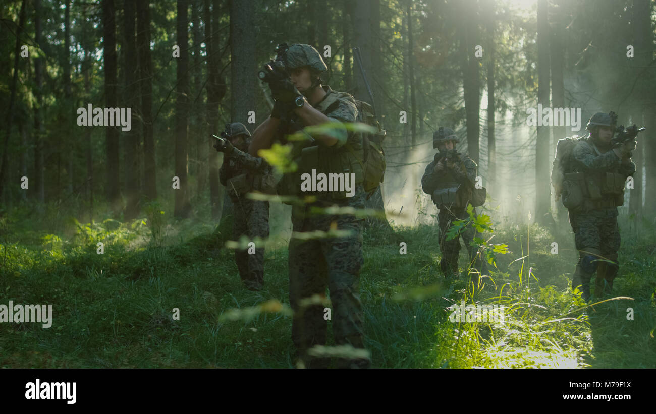 Fünf voll bewaffneten Soldaten mit Gewehren Alert stehen bereit. Die militärischen Operationen erfolgt in der sonnigen dichten Wald. Stockfoto