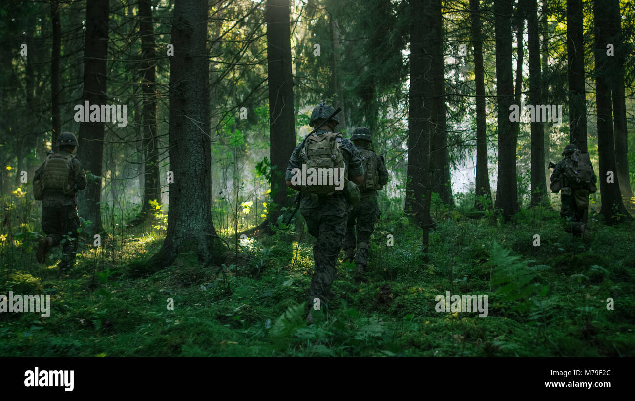 Voll ausgestattete Soldaten tragen Camouflage Einheitliche angreifenden Feind, Gewehre bereit zu schießen. Militärische Operation in Aktion, Kader durch den Wald läuft Stockfoto