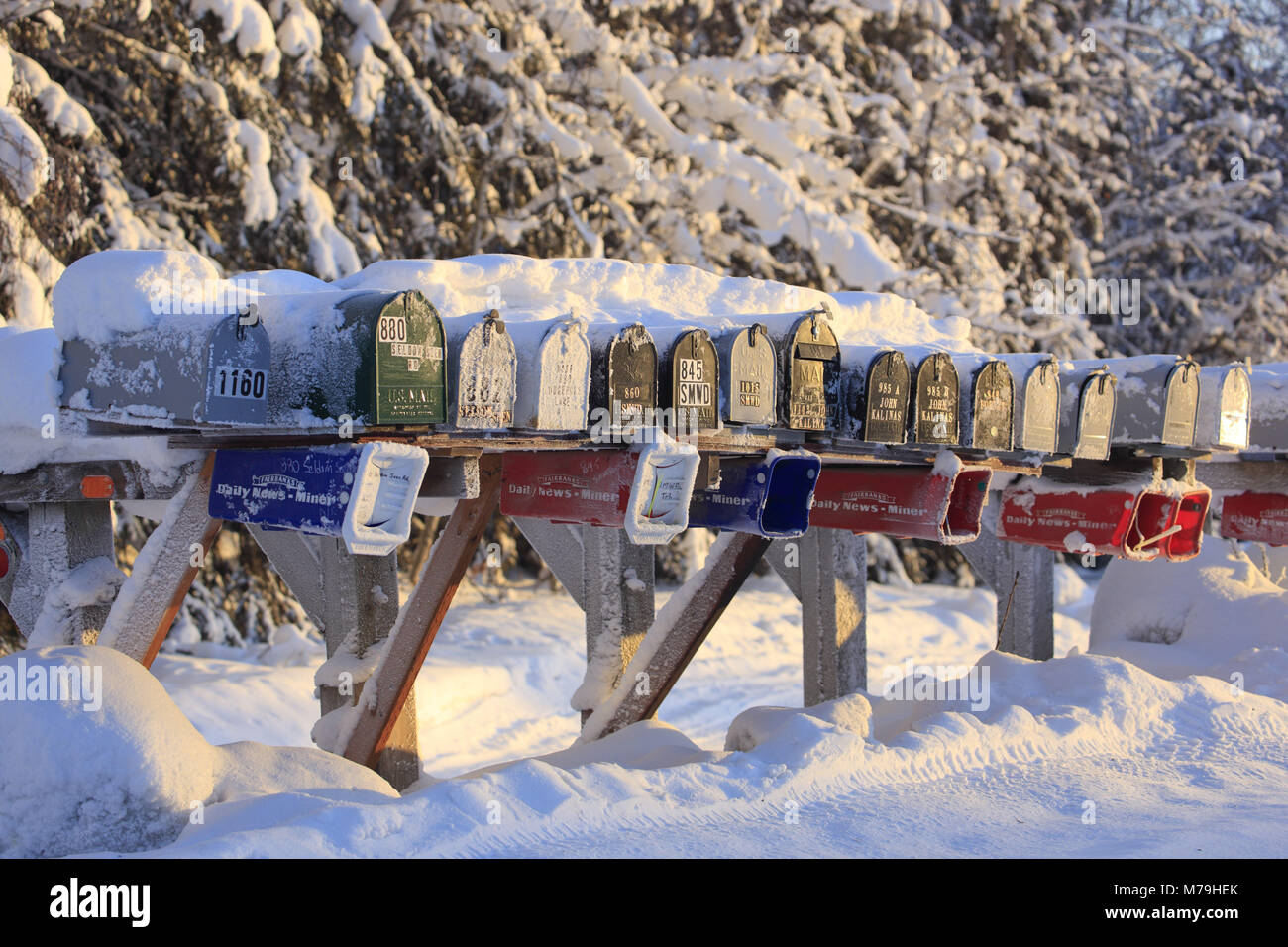 Nordamerika, USA, Alaska, zentrale Alaska, zwei Flüsse, Mailboxen, Stockfoto