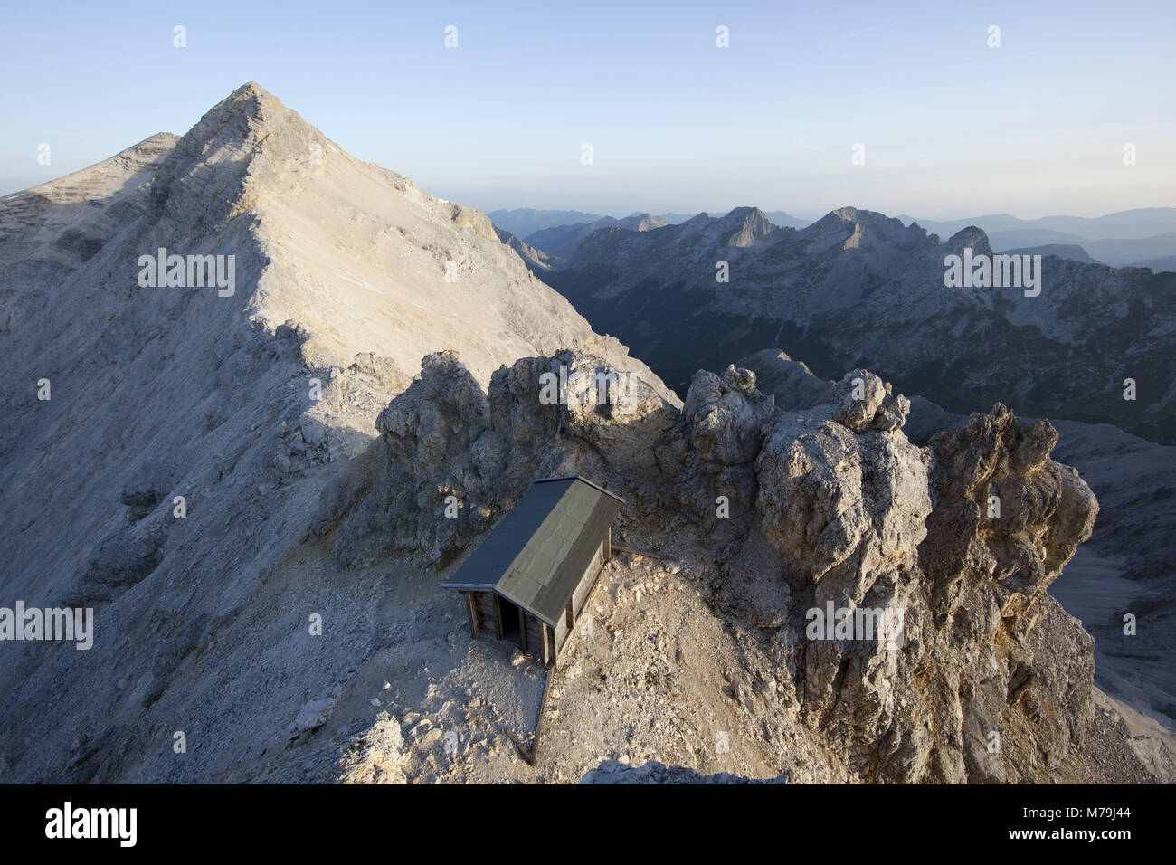 Birkkar Hütte im Morgenlicht, Karwendel, Tirol, Österreich, Stockfoto