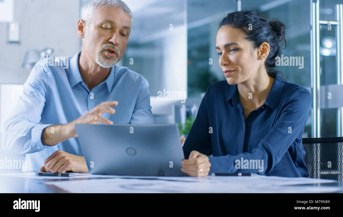 Erfahrene Männliche und weibliche Mitarbeiter im Büro besprechen laufende Projekt während der Arbeit auf einem Notebook. Stockfoto