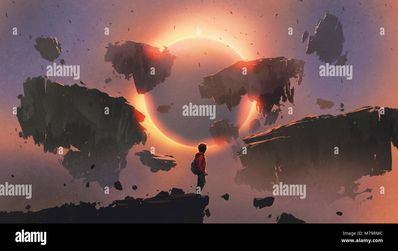 Junge stehen am Rand der Klippe mit Blick auf Eclipse und Felsen im Himmel schweben, digital art Stil, Illustration Malerei Stockfoto