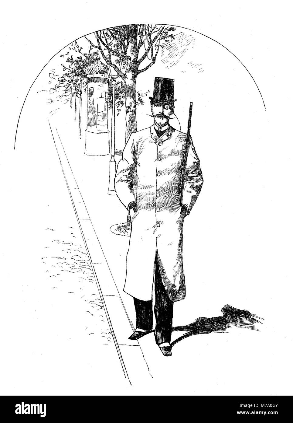Modische Mann mit monokel und Schnurrbart nimmt einen Spaziergang in der Stadt, vintage Karikatur Stockfoto