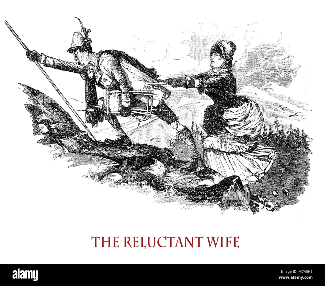 Die widerstrebende Frau begleitet ihren Mann zum Bergsteigen, vintage Karikatur und Spaß Stockfoto