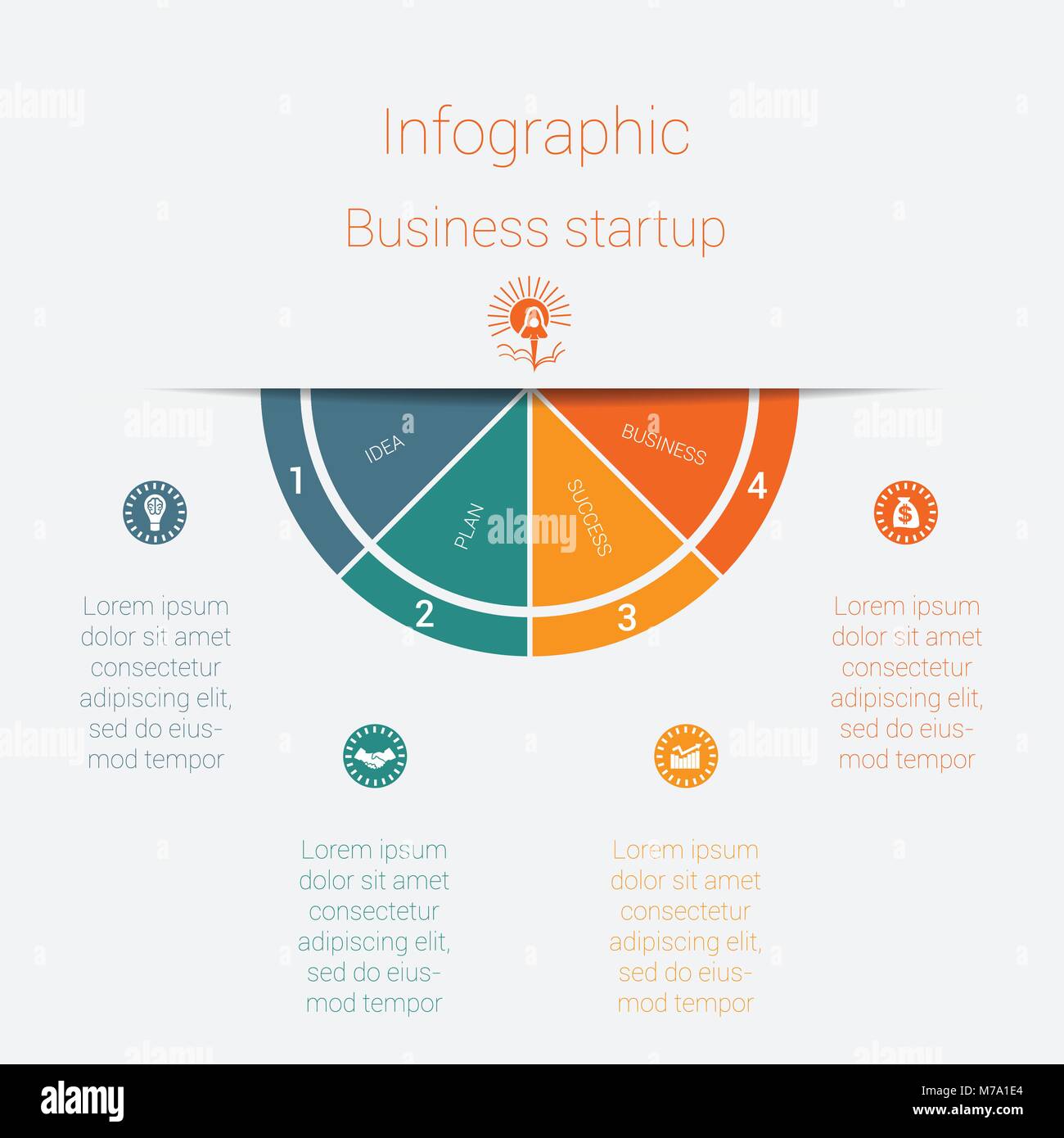 Vektor Halbkreis Vorlage Infografiken startup Business Konzept mit 4 Teile, Optionen, Schritte, Illustration für zyklische Diagramm, Tortendiagramm, Bereich, char Stock Vektor