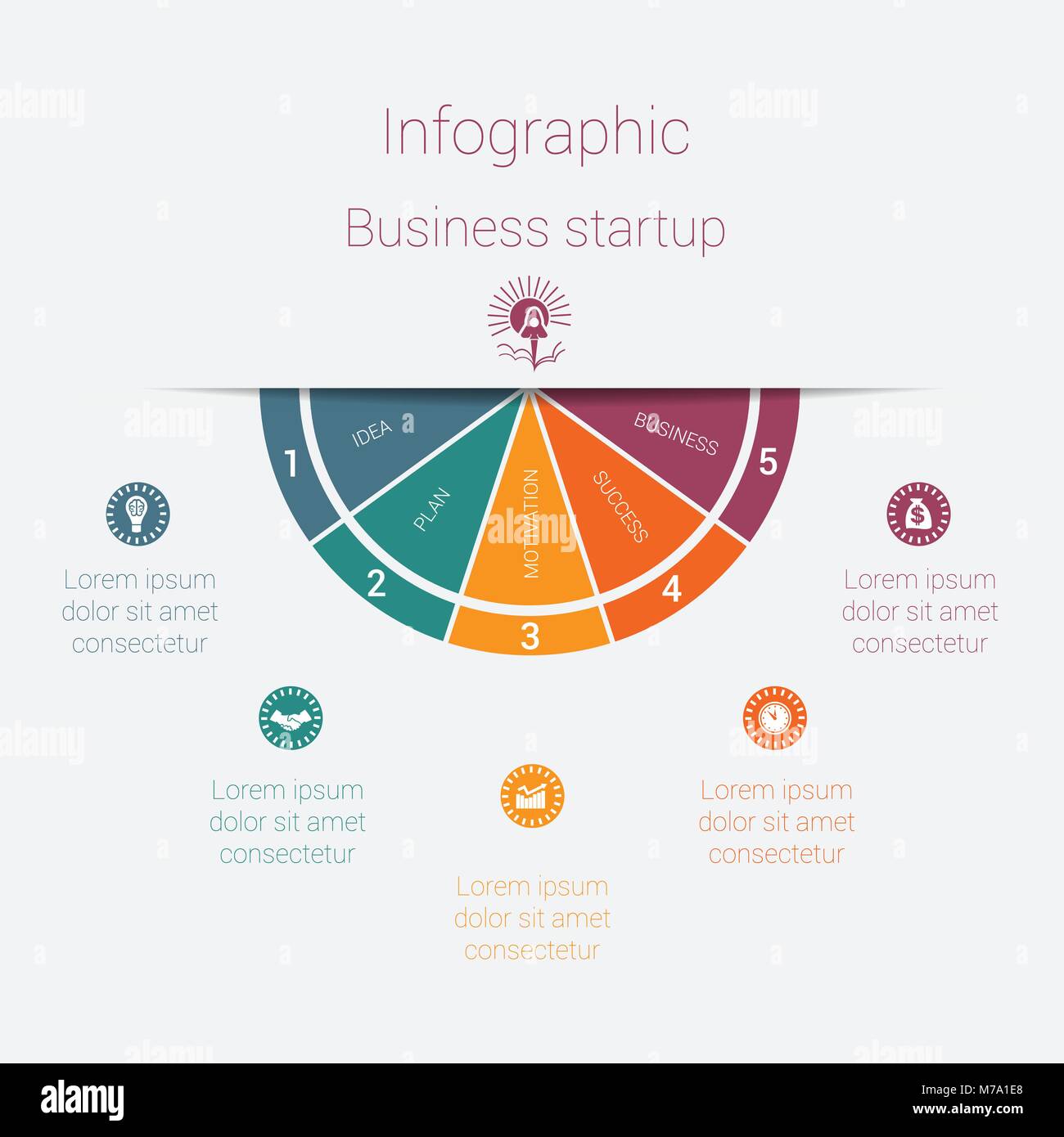 Vektor Halbkreis Vorlage Infografiken startup Business Konzept mit 5 Teilen, Optionen, Schritte, Illustration für zyklische Diagramm, Tortendiagramm, Bereich, char Stock Vektor