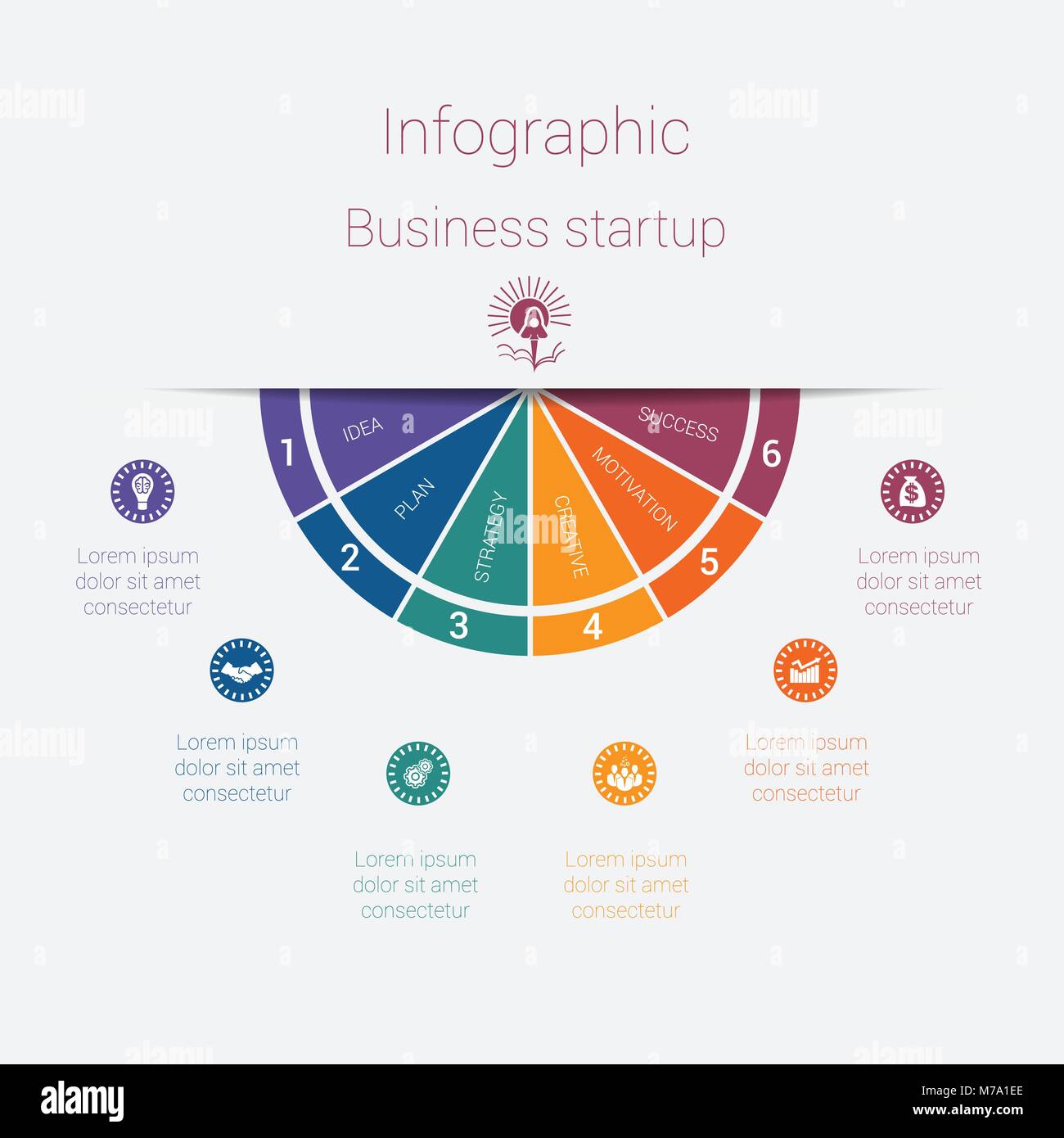 Vektor Halbkreis Vorlage Infografiken startup Business Konzept mit 6 Teile, Optionen, Schritte, Illustration für zyklische Diagramm, Tortendiagramm, Bereich, char Stock Vektor