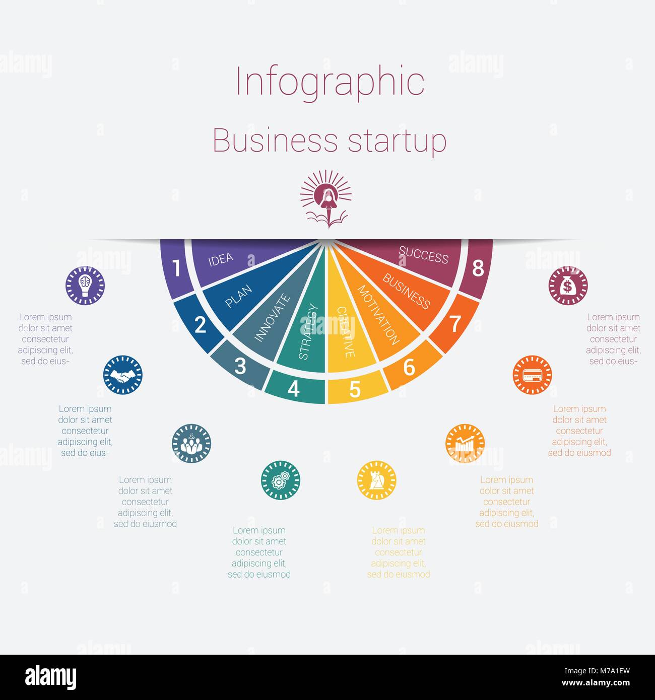 Vektor Halbkreis Vorlage Infografiken startup Business Konzept mit 8 Teile, Optionen, Schritte, Illustration für zyklische Diagramm, Tortendiagramm, Bereich, char Stock Vektor