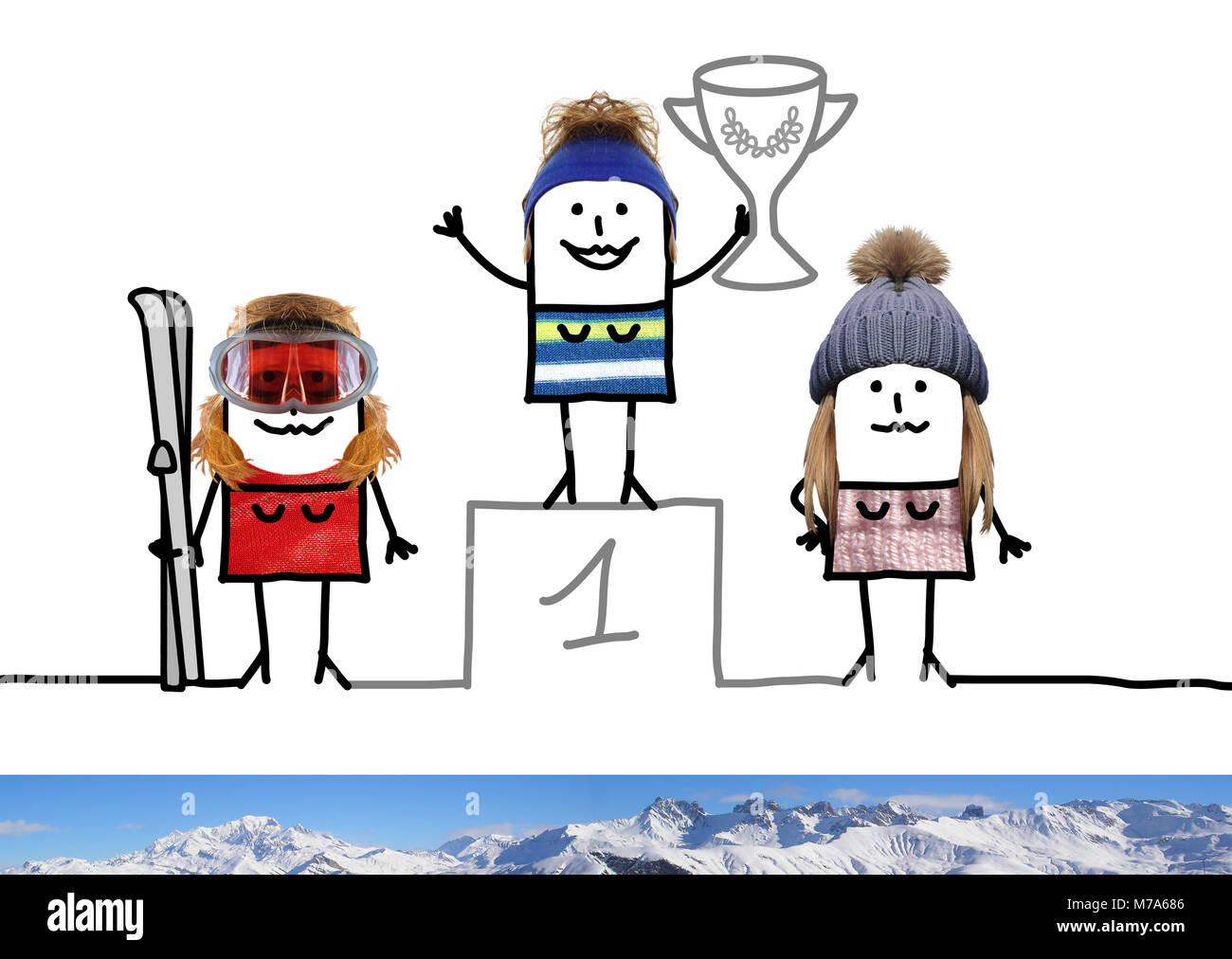 Cartoon Ski Champion Mädchen auf dem Podium mit Schale Stockfoto