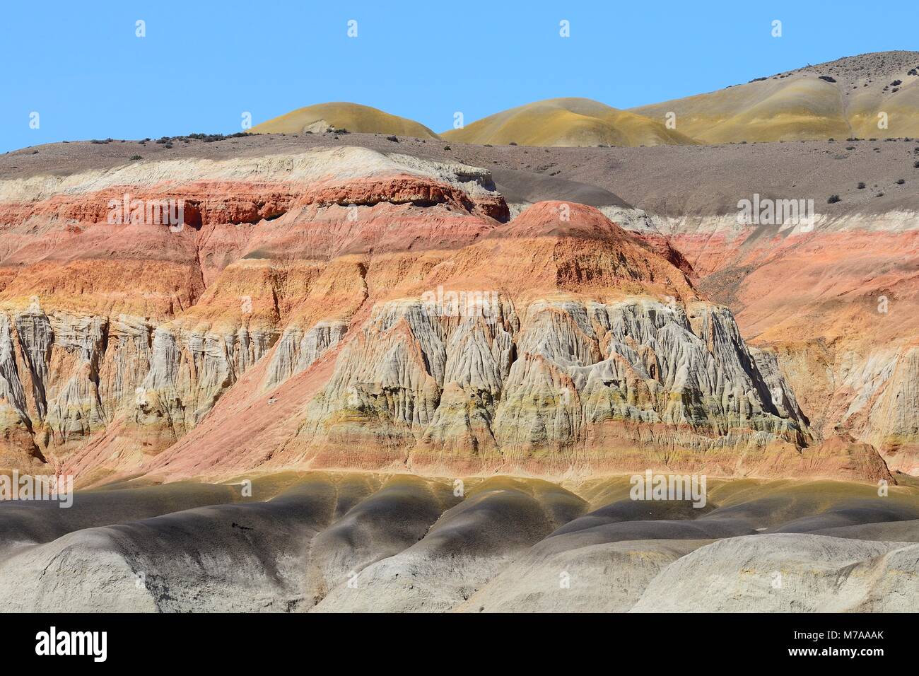 Bunte wüste Landschaft im Tal des Mondes, Bosque Petrificado Jose Ormachea, Sarmiento, Chubut, Argentinien Stockfoto