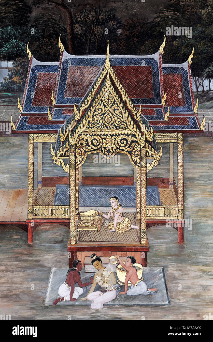 Rama's Braut Sita baden, Wände aus Ramakia, Wat Phra Kaeo, Ko Ratanakosin, Bangkok, Thailand Stockfoto