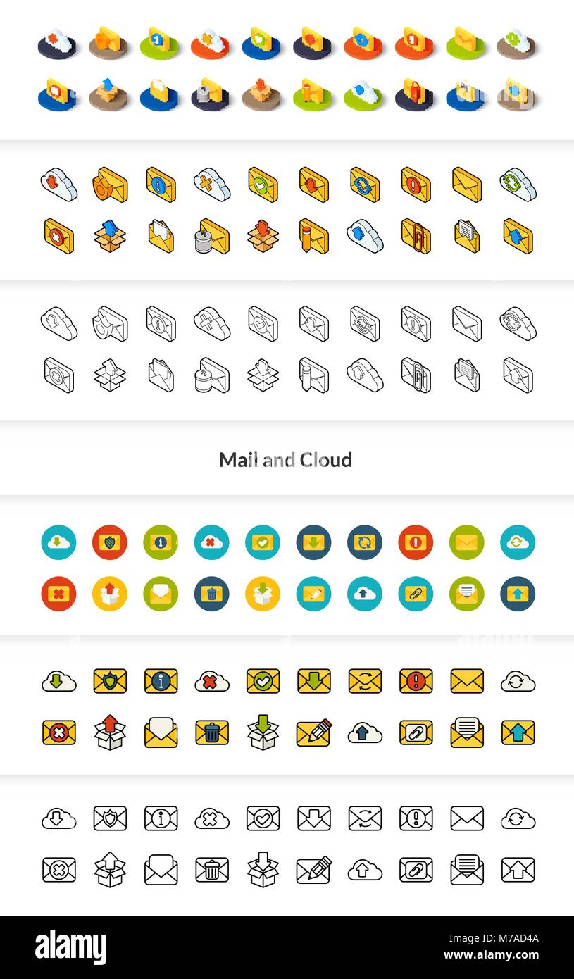 Reihe von Icons in verschiedenen Style - isometrische flach und Otline, farbigen und schwarzen Versionen, Vektor Symbole - Mail und Cloud Sammlung Stock Vektor