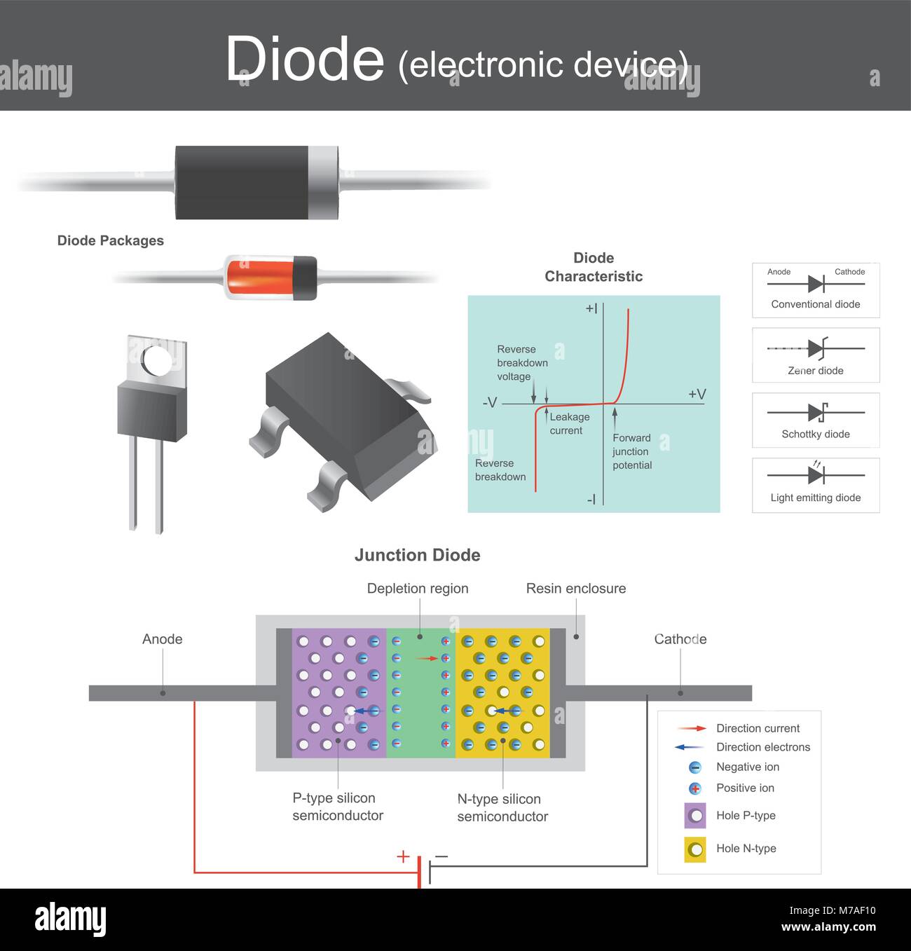 Spannung über der Kreuzung jedoch angewendet wird, werden die p-typ Anode ist positiv und die n-Kathode negative gemacht. Abbildung: vektor design. Stock Vektor