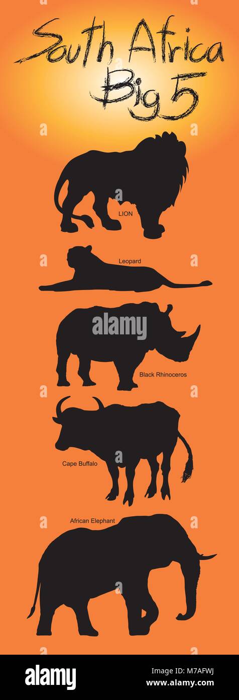 In Afrika, das grosse Spiel fünf Tiere sind Der afrikanische Löwe, Afrikanische Elefanten, Büffel, Leopard und Nashorn. Grafik Vector schwarz Desig Stock Vektor