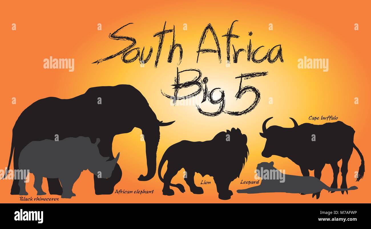 In Afrika, das grosse Spiel fünf Tiere sind Der afrikanische Löwe, Afrikanische Elefanten, Büffel, Leopard und Nashorn. Grafik Vector schwarz Desig Stock Vektor