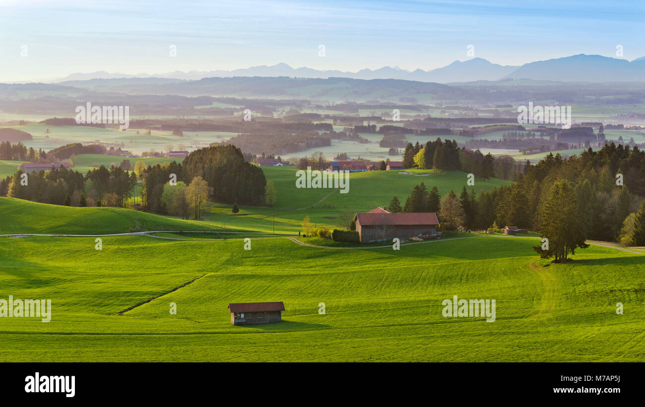 Deutschland, Bayern, alpine Landschaft im Frühling, das Morgenlicht. Stockfoto