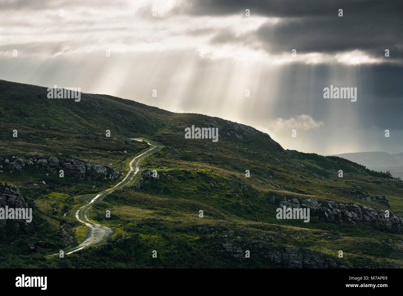 Straße, unbefestigte Straße an Irlands Westküste mit Balken, Donegal, Irland Stockfoto