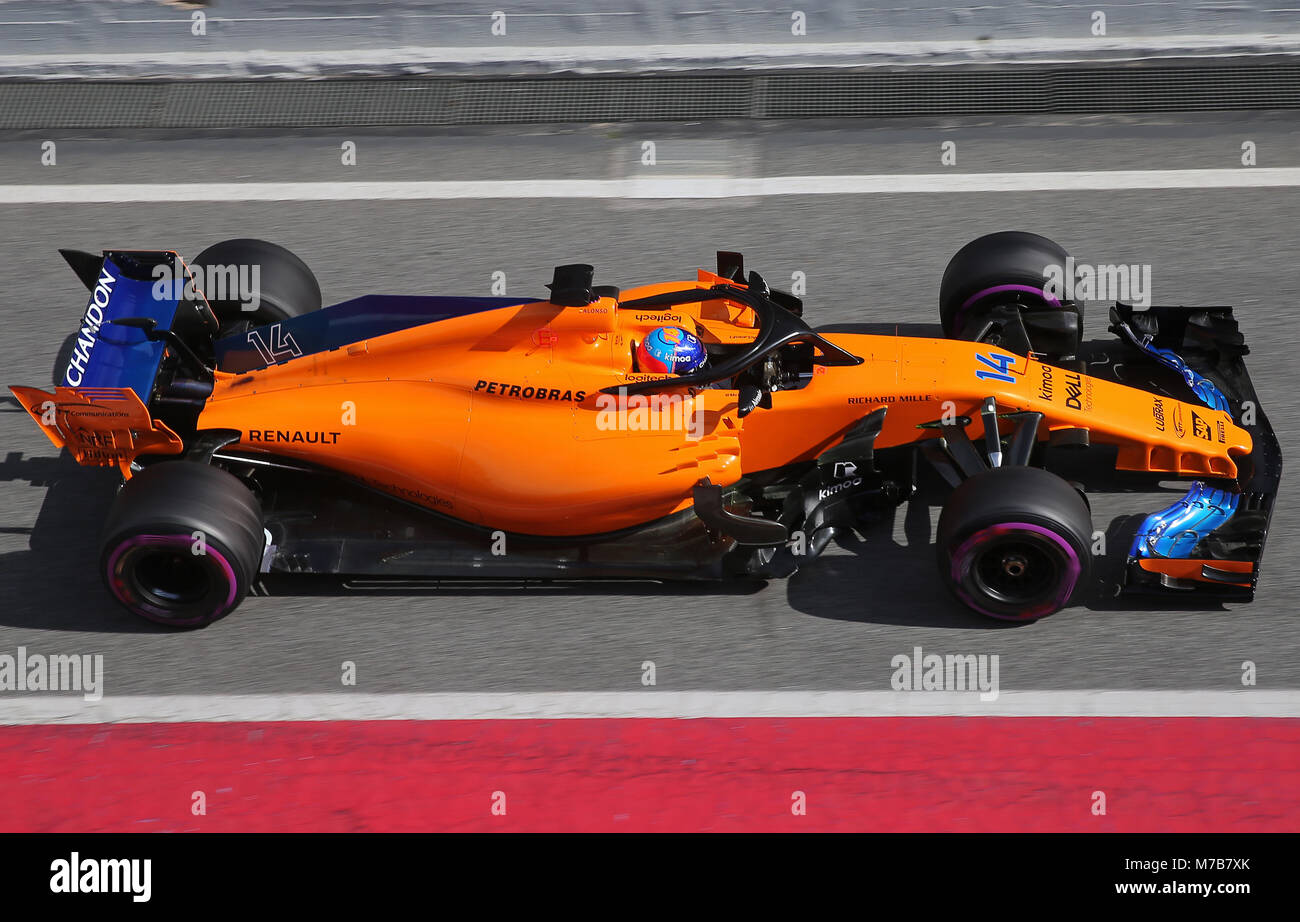 Barcelona, Spanien. 09 Mär, 2018. McLaren von Fernando Alonso bei den Tests in der barcelona-catalunya Schaltung, am 09. März 2018 in Barcelona, Spanien. Credit: Gtres Información más Comuniación auf Linie, S.L./Alamy leben Nachrichten Stockfoto