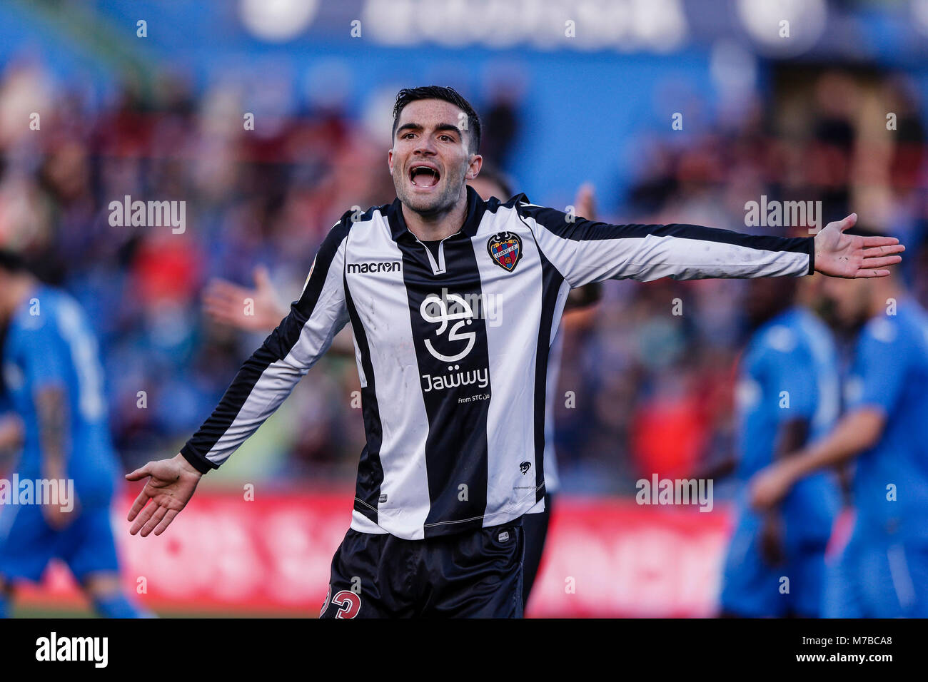 Jason Remeseiro (Levante UD) frustriert, als er ein gutes Ziel zählende Wahrscheinlichkeit La Liga Match zwischen Getafe CF Levante UD an der Coliseum Alfonso Perez Stadion in Madrid, Spanien, 10. März 2018 vs verpasst. Stockfoto