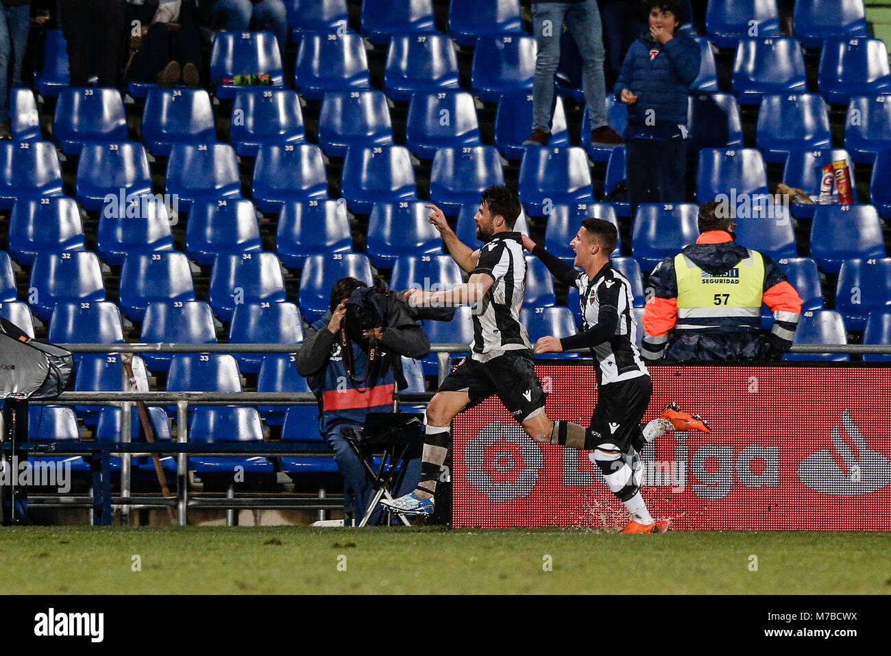 Jorge ein Moreno Koks (Levante UD) feiert sein Ziel, die es (0, 1) La Liga Match zwischen Getafe CF gegen Levante UD an der Coliseum Alfonso Perez Stadion in Madrid, Spanien, 10. März 2018. Credit: Gtres Información más Comuniación auf Linie, S.L./Alamy leben Nachrichten Stockfoto