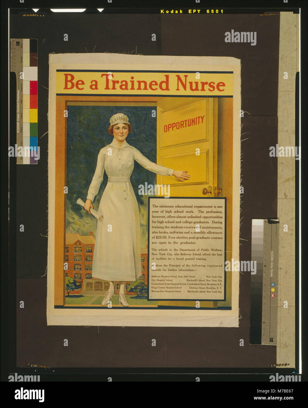 Dieses Werbebild ermutigt Menschen, eine Karriere in der Krankenpflege zu verfolgen und spiegelt die Attraktivität der medizinischen Ausbildung zu Beginn des 20. Jahrhunderts wider. Stockfoto