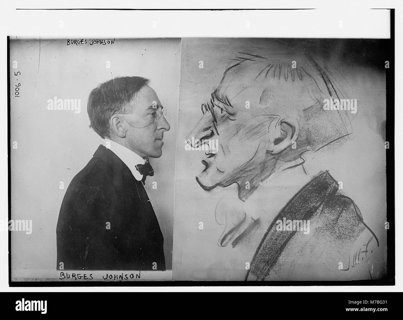 Ein Foto von Burges Johnson, kombiniert mit einer Comic-Darstellung. Das Bild zeigt die Mischung aus Realismus und Karikatur und spiegelt Johnsons facettenreiche Persönlichkeit oder Beiträge wider. Die Kombination der Medien unterstreicht seine Rolle in der Geschichte oder in der Populärkultur. Stockfoto