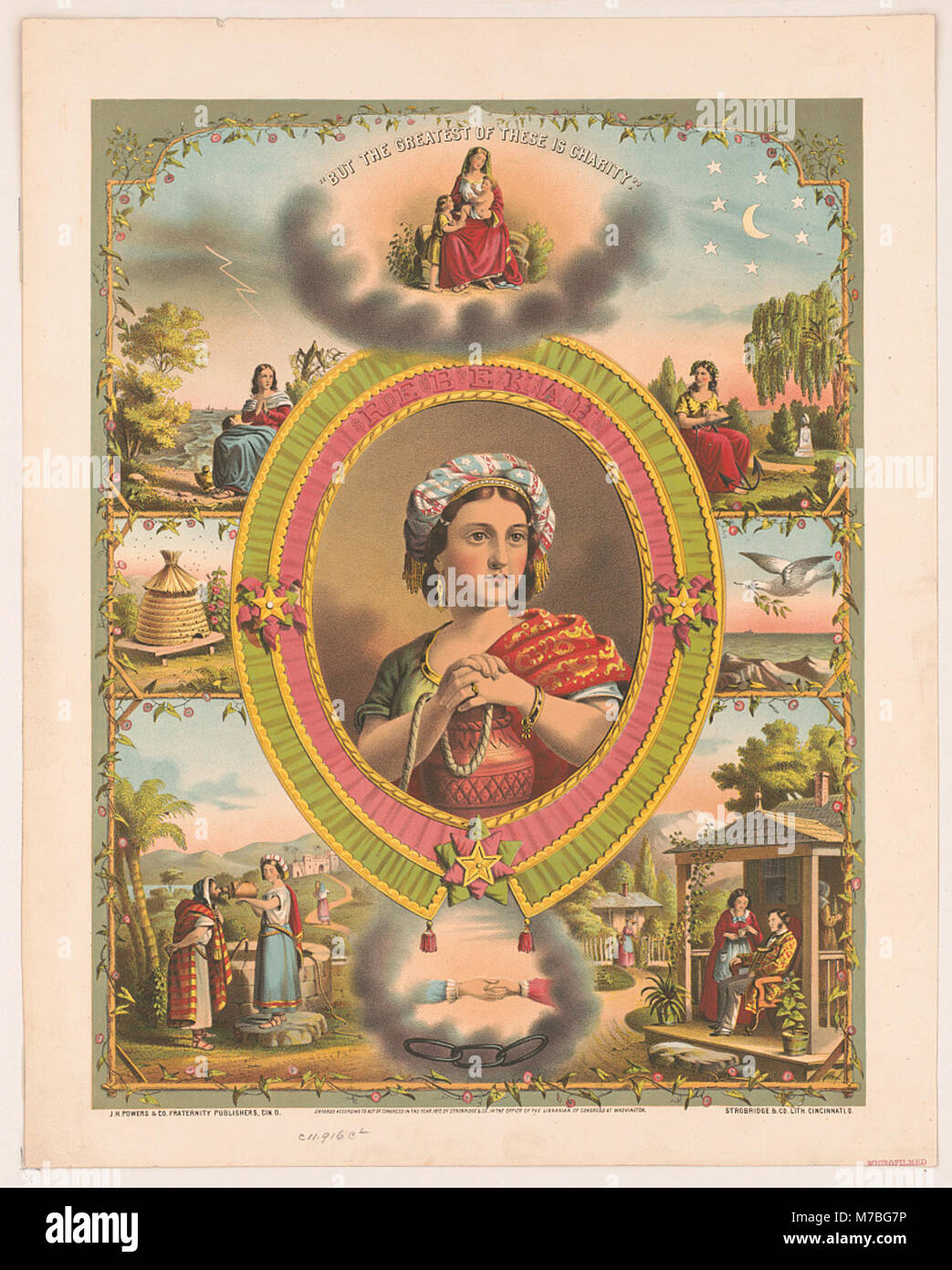 Der Satz „aber das größte davon ist die Liebe“ stammt aus einem biblischen Vers, der die Bedeutung von Liebe und Liebe betont. Unter LCCN2003656970 katalogisiert, werden wahrscheinlich Themen wie Mitgefühl und Wohltätigkeit behandelt. Stockfoto