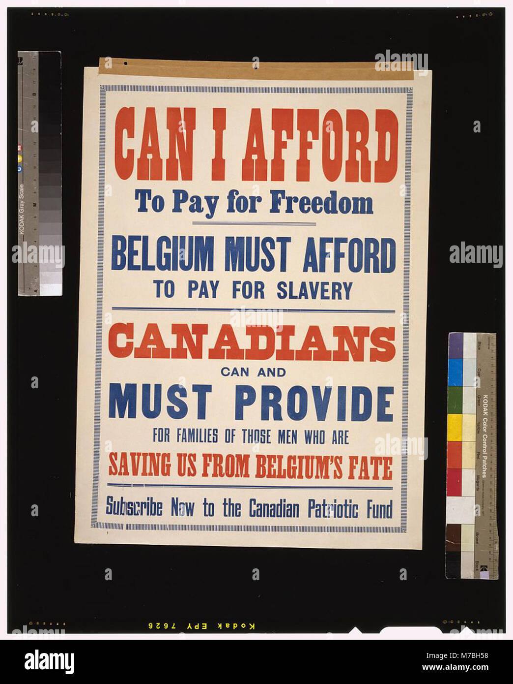 Ein politisches Propagandaplakat aus dem Ersten Weltkrieg, das kanadische Unterstützung für Soldatenfamilien fordert und den Zusammenhang zwischen Freiheit, Sklaverei und Kriegsopfern hervorhebt. Stockfoto