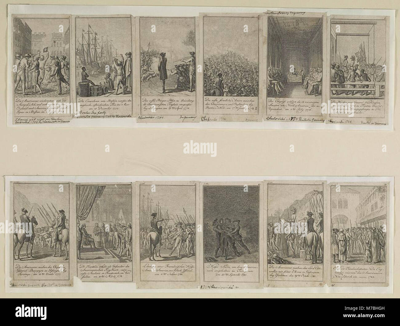 Diese Sammlung von 12 Illustrationen von D. Chodowiecki zeigt wichtige Ereignisse und Schlachten der Amerikanischen Revolution zwischen 1775 und 1783. Die Bilder liefern eine visuelle Geschichte der Konflikte, die die Unabhängigkeit des Landes geprägt haben. Stockfoto