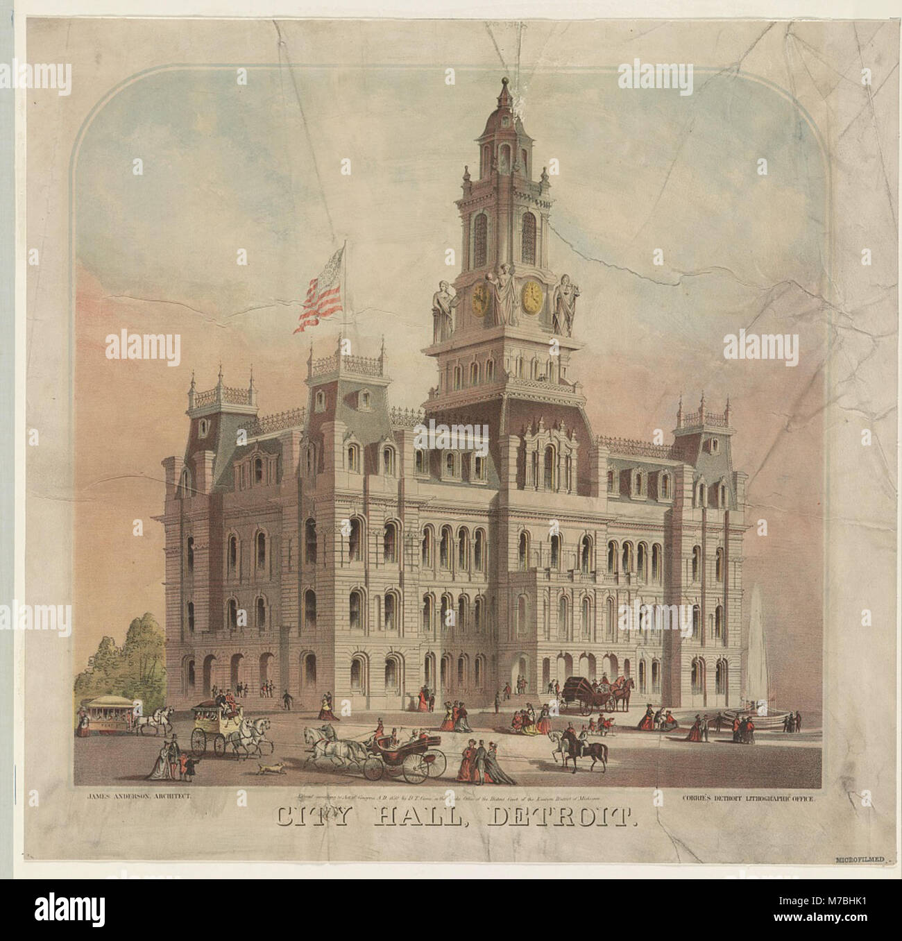 Detroits Rathaus, ein Wahrzeichen, das für seine historische und architektonische Bedeutung bekannt ist. Sie dient als Sitz der Stadtverwaltung und spielt eine Schlüsselrolle im bürgerlichen Leben Detroits. Stockfoto