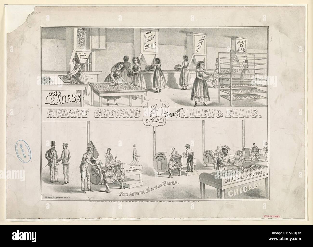 Diese Lithografie von Allen & Ellis zeigt eine Vintage-Werbung für das Kauprodukt „The Leaders“. Das vom Unternehmen hergestellte Unternehmen repräsentiert einen historischen Moment in der amerikanischen Konsumkultur und im Marketing. Stockfoto