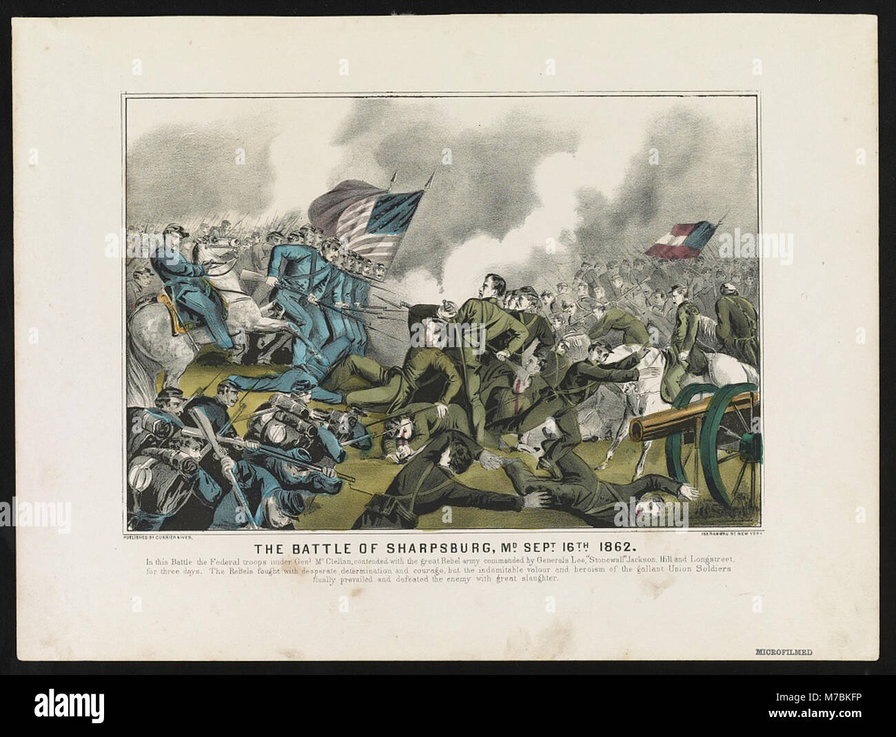 Die Schlacht von Sharpsburg, auch bekannt als die Schlacht von Antietam, war ein bedeutendes Engagement im Amerikanischen Bürgerkrieg. Sie fand am 16. September 1862 in Maryland statt und markierte den blutigsten Tag in der US-Militärgeschichte. Stockfoto