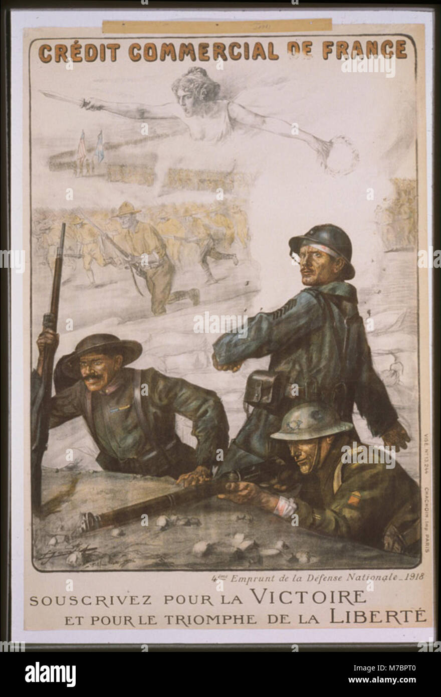 Eine Werbung aus der Zeit des Ersten Weltkriegs für den 4. Nationalen Verteidigungskredit, in dem die Bürger aufgefordert wurden, sich für Sieg und Freiheit im Jahr 1918 zu unterzeichnen. Stockfoto