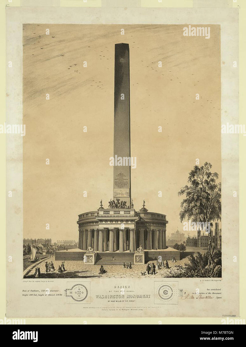 Eine Illustration des ursprünglichen Entwurfs des Washington Monuments, die das architektonische Konzept vor seiner Errichtung darstellt. Es gibt Einblicke in die frühen Pläne für dieses amerikanische Wahrzeichen. Stockfoto