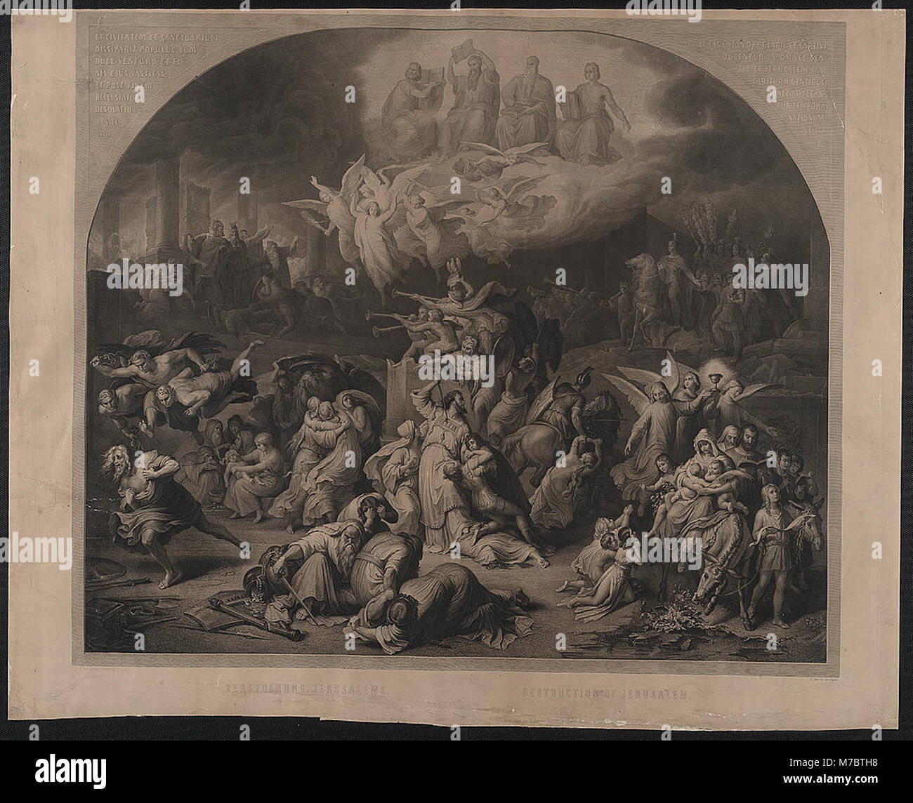 Die Zerstörung Jerusalems, wie in diesem Bild dargestellt, ereignete sich 70 n. Chr., als römische Truppen, angeführt von Titus, die Stadt und ihren zweiten Tempel zerstörten. Dieses zentrale Ereignis markierte einen wichtigen Wendepunkt in der jüdischen Geschichte. Stockfoto