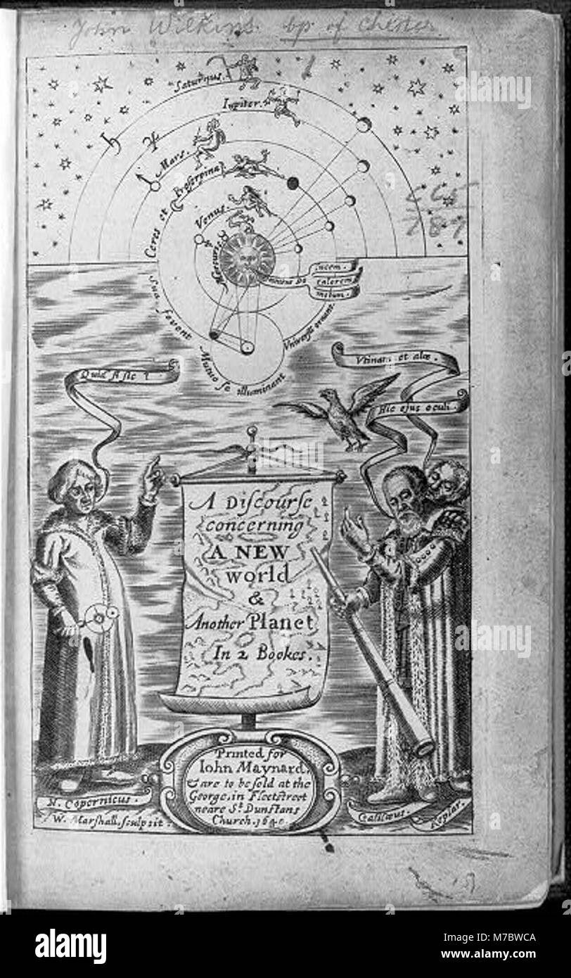 Dieser Diskurs, der in zwei Büchern vorgestellt wird, erforscht das Konzept einer neuen Welt und eines anderen Planeten, bietet philosophische und wissenschaftliche Einblicke in das Leben und die Erforschung von Außerirdischen und spiegelt die Neugier der Zeit über das Universum wider. Stockfoto