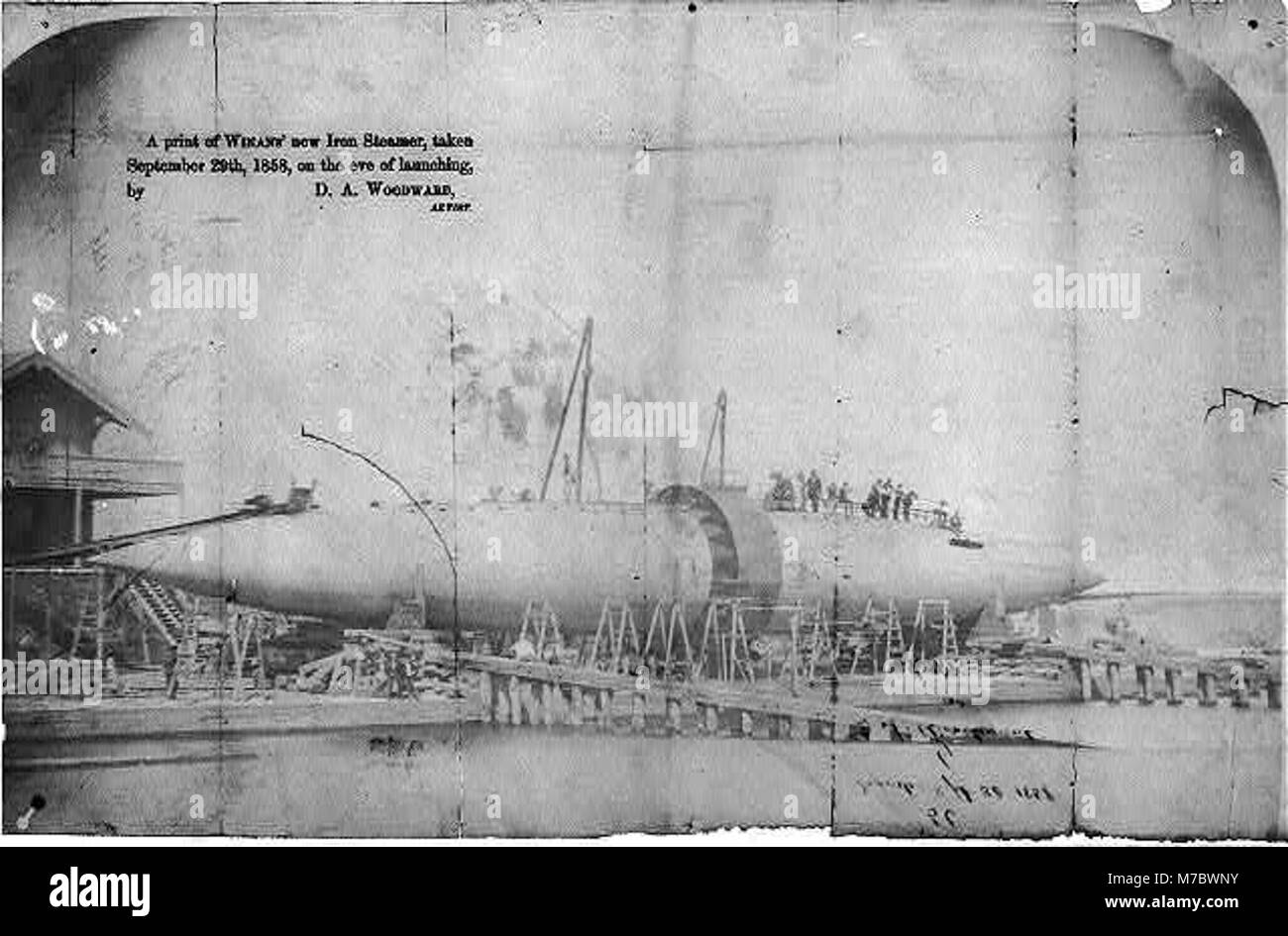 Abdruck von Winans neuem Iron Steamer, aufgenommen von D. A. Woodward am 29. September 1858, kurz vor dem Start, zeigt dieses bahnbrechende Schiff in der maritimen Technologie. Stockfoto