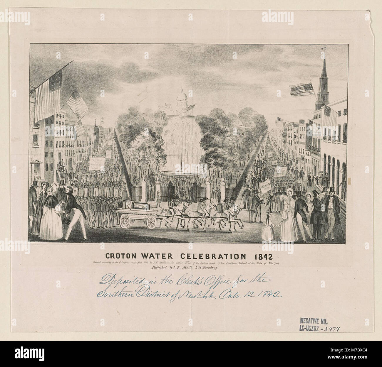 Dieses Bild erinnert an die Croton Wasserfeier von 1842, ein bedeutendes Ereignis in der Geschichte von New York City, das die Fertigstellung des Croton Aqueduct Systems markierte. Stockfoto