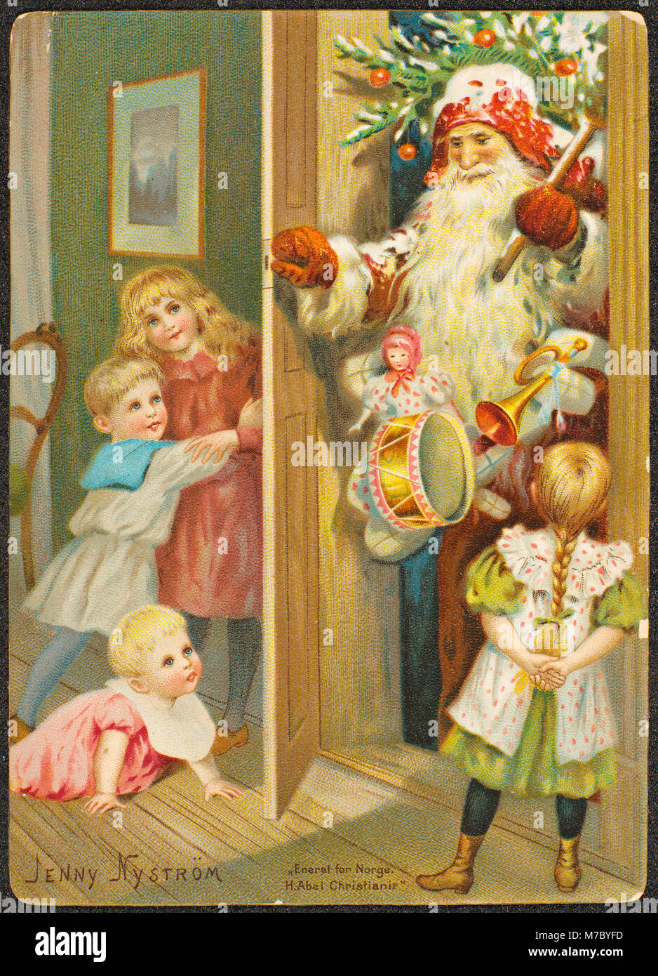 Dieses Stück von Jenny Nystr m mit dem Titel „D Julemotiv“ zeigt ein Weihnachtsmotiv, das traditionelle skandinavische Weihnachtsbilder mit einem Fokus auf saisonale Gebräuche einfängt. Stockfoto