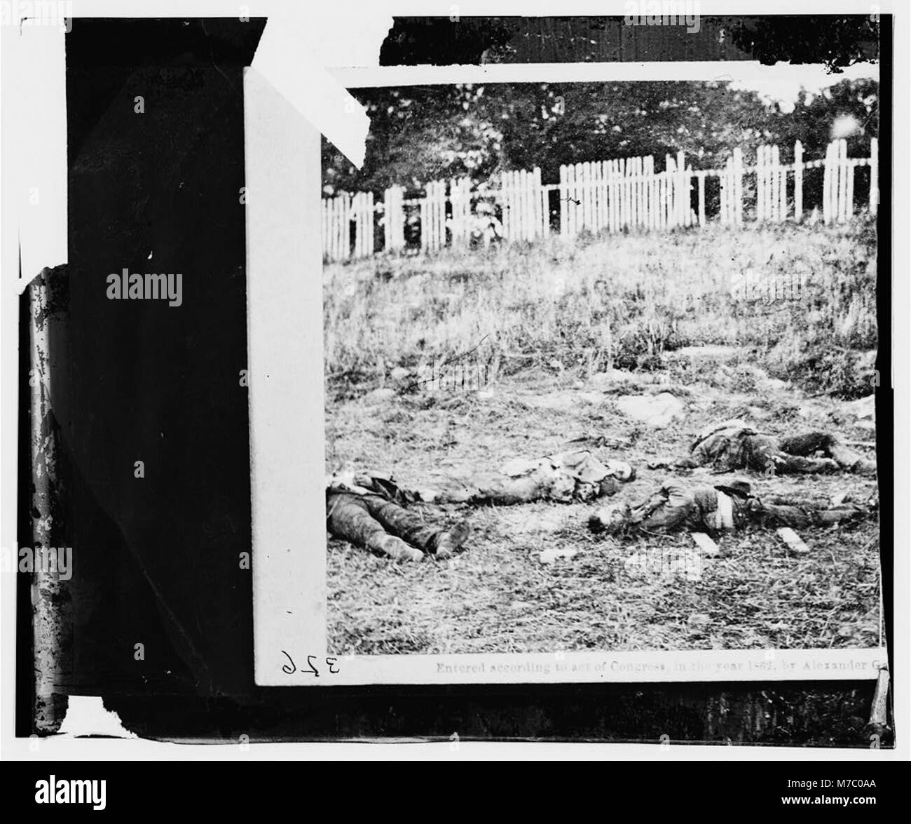 Dieses Foto zeigt die Folgen der Schlacht von Antietam und zeigt die gefallenen Soldaten auf dem Schlachtfeld, ein Zeugnis für die tragischen Kosten des Krieges während des US-Bürgerkriegs. Stockfoto