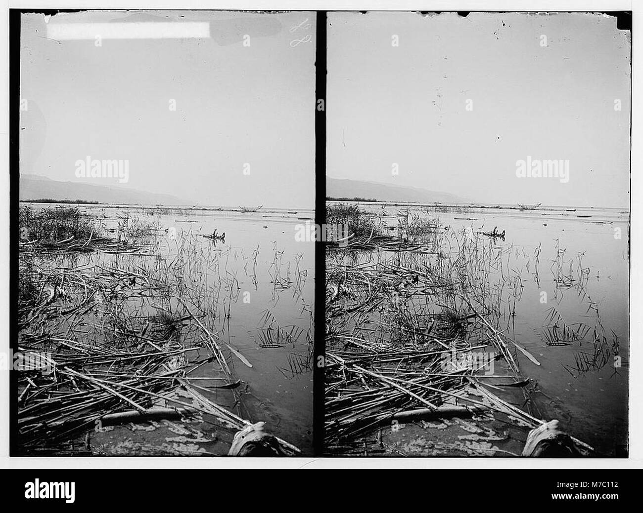 Ein Panoramablick auf das Tote Meer mit Blick auf die Mündung des Jordans. Das Bild fängt die einzigartigen geografischen Merkmale des Gebiets ein, wobei das Salzwasser des Toten Meeres im Kontrast zur umliegenden Wüstenlandschaft steht. Stockfoto