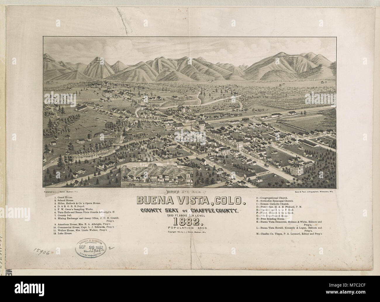 Ein Blick aus der Vogelperspektive von 1882 auf Buena Vista, Colorado, zeigt die Grundrisse der Stadt und ihre Position als County Seat des Chaffee County im späten 19. Jahrhundert. Stockfoto