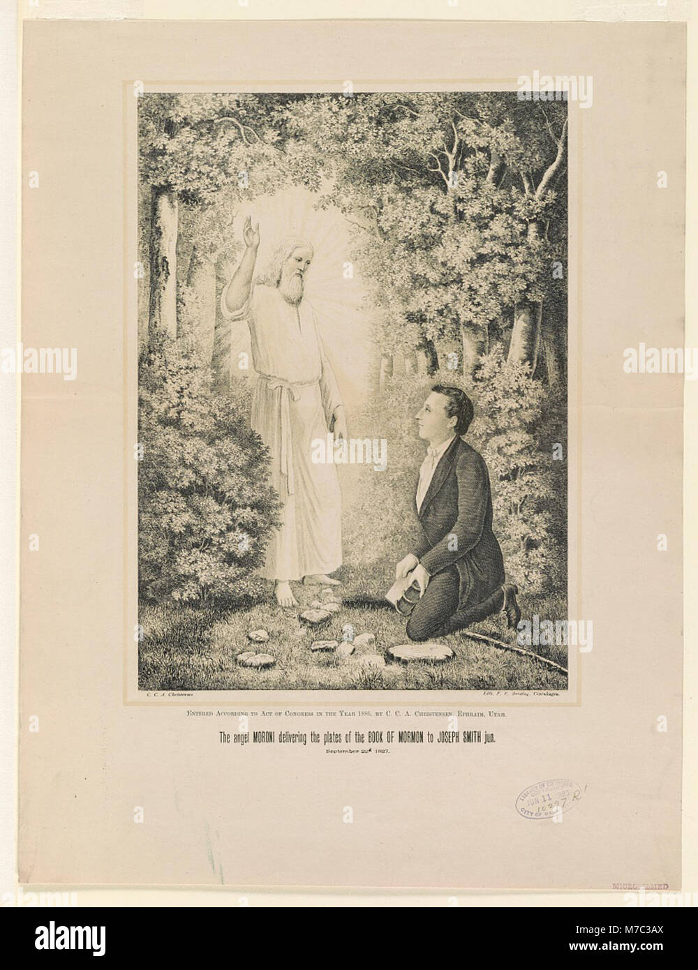 Eine Darstellung des Engels Moroni, der Joseph Smith Jr. die goldenen Platten des Buches Mormon überreichte, ein Schlüsselereignis in der Geschichte der Kirche Jesu Christi der Heiligen der Letzten Tage. Stockfoto