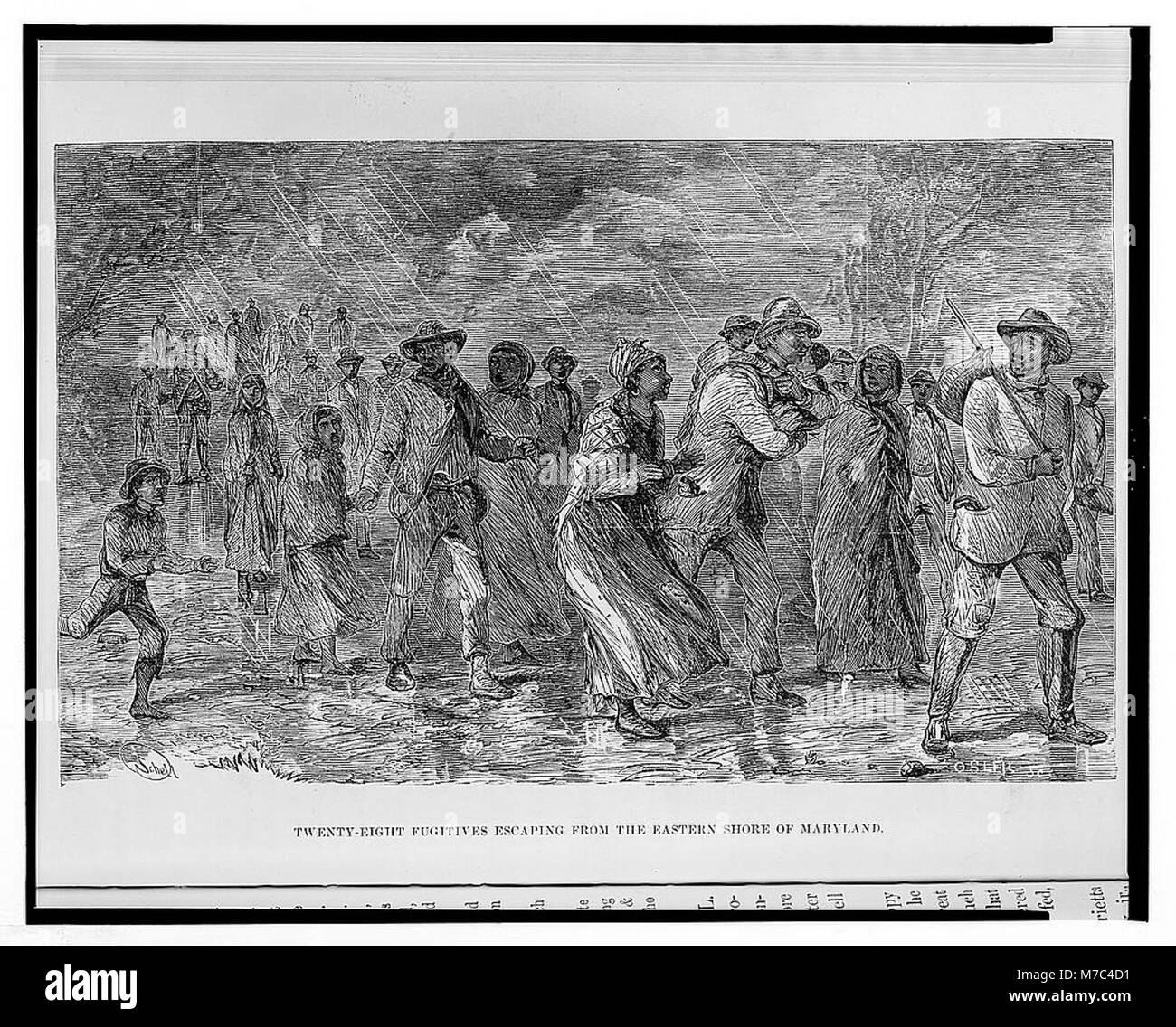 Ein historisches Foto von Flüchtlingen, die von der Ostküste Marylands fliehen, zeigt den Kampf um die Freiheit während der Zeit der amerikanischen Sklaverei. Stockfoto