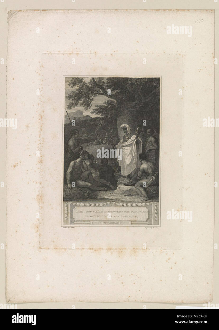 Ein historisches Bild, das Capac und Oella zeigt, wie Peruaner in landwirtschaftlichen Praktiken und Spinnen unterwiesen werden, was ihren Beitrag zur lokalen Wirtschaft und zum traditionellen Handwerk widerspiegelt. Stockfoto