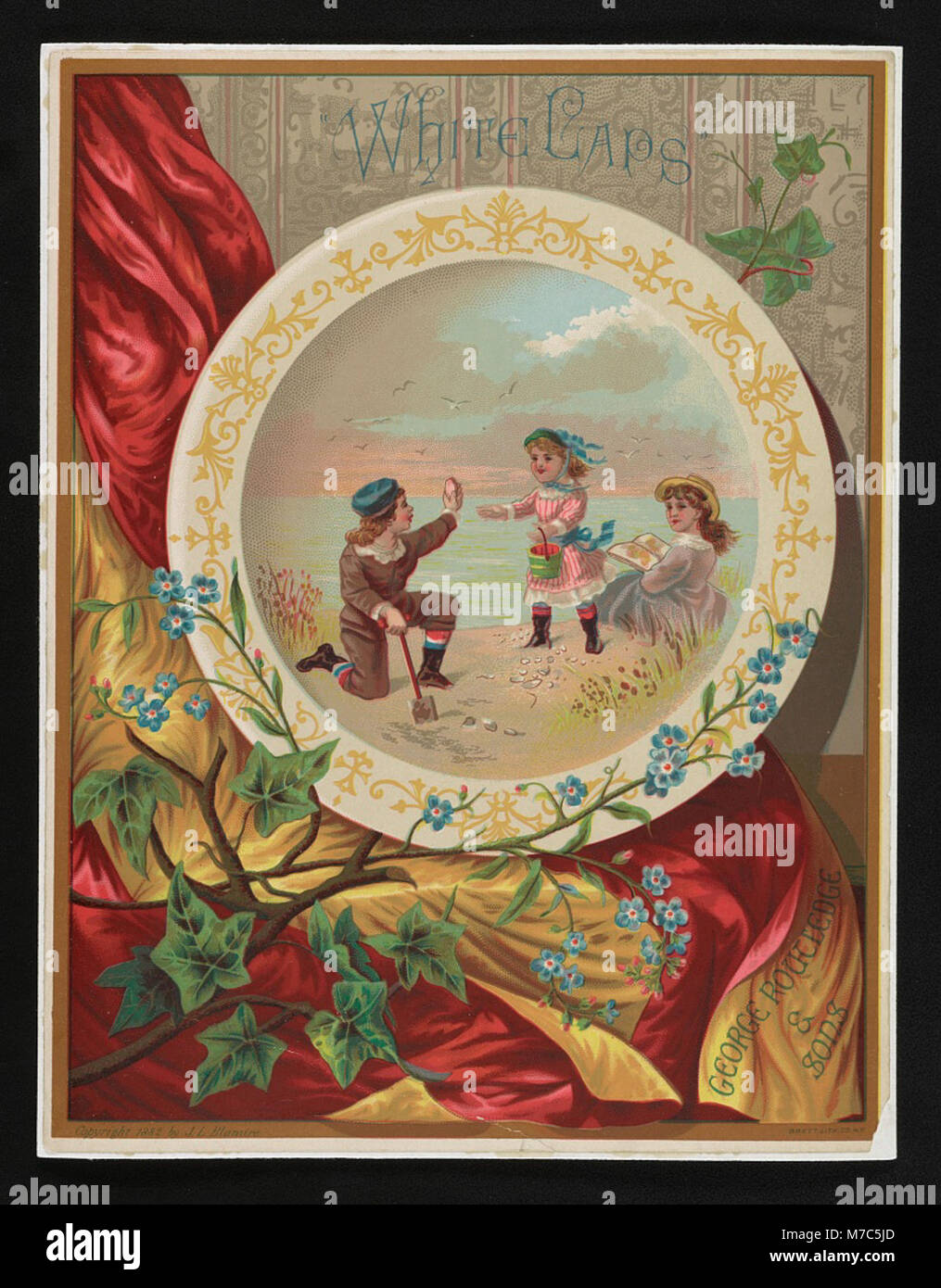 Eine Werbung für weiße Kappen von Brett Lithographing Company, New York. Diese Lithografie zeigt das Werbematerial des Unternehmens und betont den Design- und Marketingstil der damaligen Zeit. Stockfoto