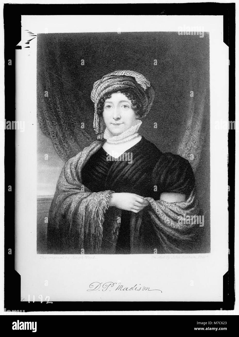 Ein Stahlstich von Dolly Madison, erstellt von Joseph Ward, der ihr Porträt in einem sehr detaillierten und künstlerischen Stil einfängt. Der Stich spiegelt die Technik des 19. Jahrhunderts wider, mit der detaillierte Bilder erstellt wurden, wobei die historische Figur Dolly Madison, eine prominente Figur in der amerikanischen Geschichte als First Lady, dargestellt wird. Stockfoto