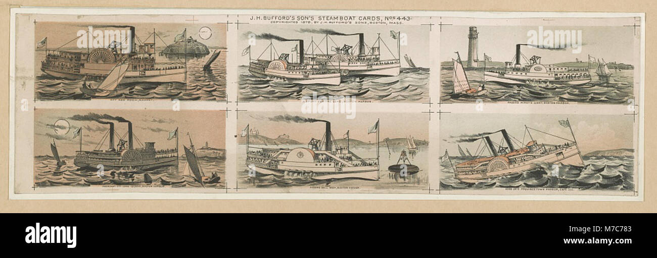J.H. Bufford’s Sons produzierte eine Reihe von Dampfbootkarten, darunter die Kartennummer 443, die einen historischen Einblick in die Dampfschiffe und ihre Rolle im amerikanischen Transport gaben. Stockfoto