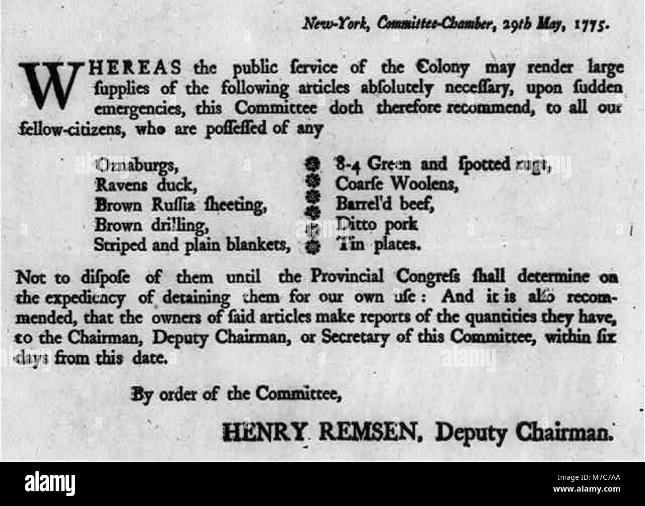 Ein historisches Dokument, in dem am 29. Mai 1775 während des Amerikanischen Unabhängigkeitskrieges in New York Militärvorkehrungen gefordert wurden, in dem die ersten logistischen Anstrengungen für den Krieg hervorgehoben wurden. Stockfoto